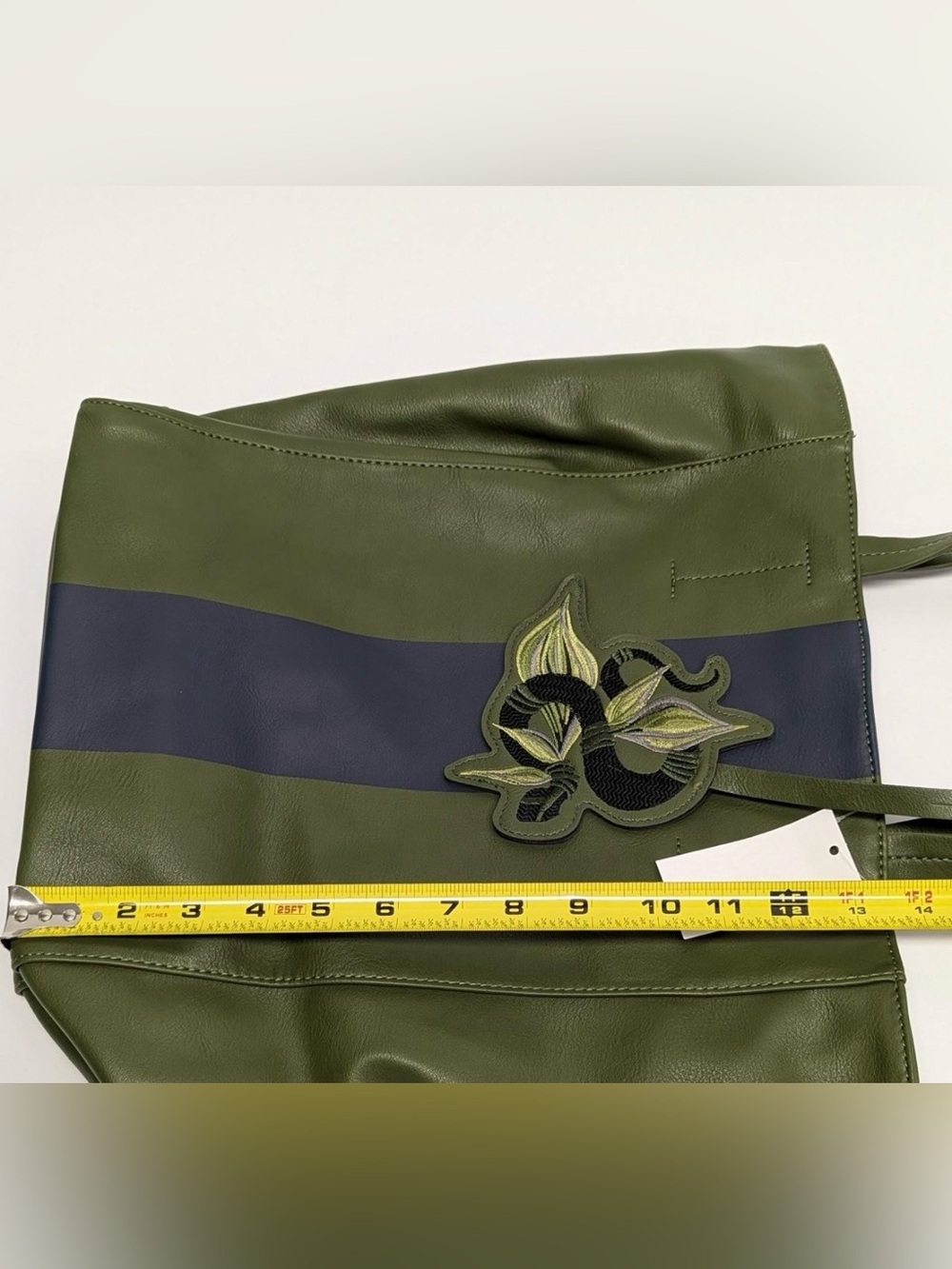 Saks Fifth Avenue Olive Green Tote with Navy Stripe & Floral Snake Bag Charm - Picture 5 of 7